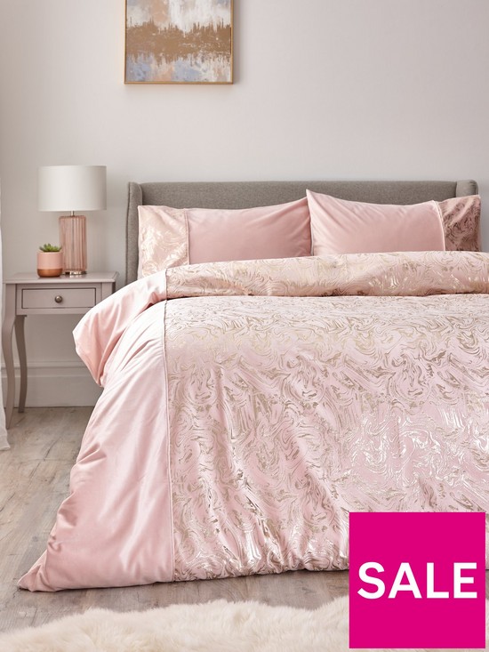 front image of alexis-marble-foil-and-velvet-duvet-cover-set-pink