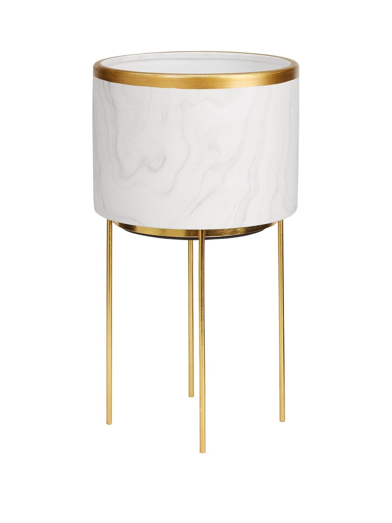 Marble-Effect Standing Planter with Metallic Rim