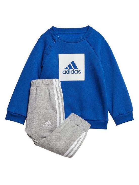 front image of adidas-infants-three-stripe-logo-sweat-and-jogger-set-blue