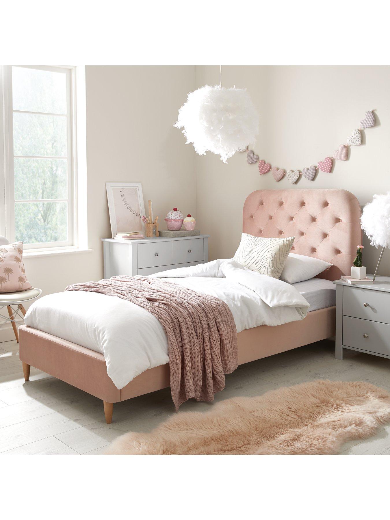 Pink Velvet Upholstered Single Sleigh Bed Frame Safina