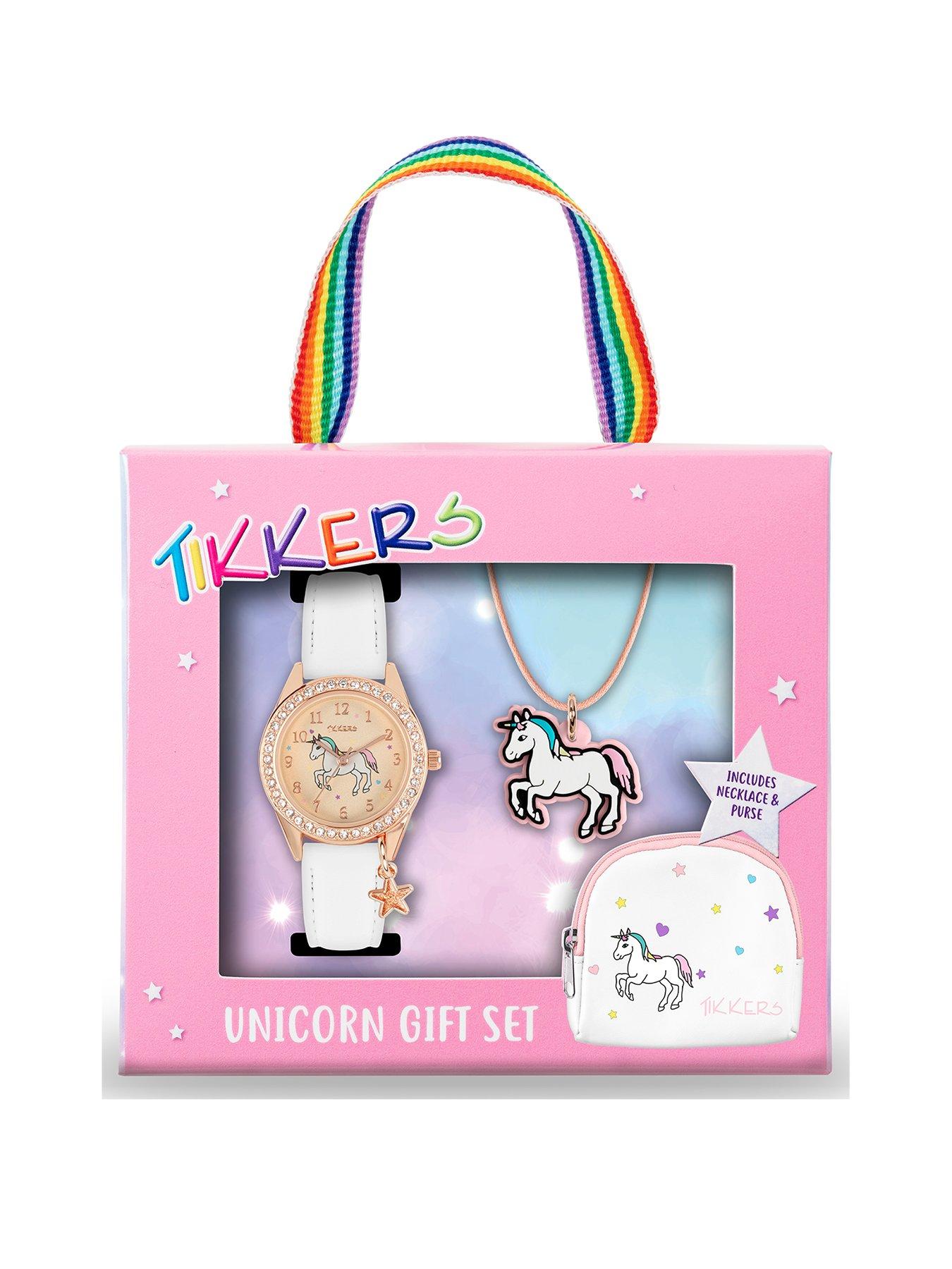 Gold Unicorn Dial White Leather Strap Watch with Purse and Necklace Kids Gift Set
