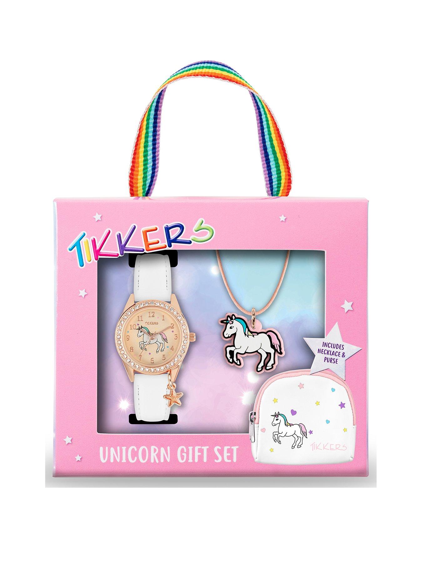 Tikkers Gold Unicorn Dial White Leather Strap Watch with Purse and Necklace Kids Gift Set