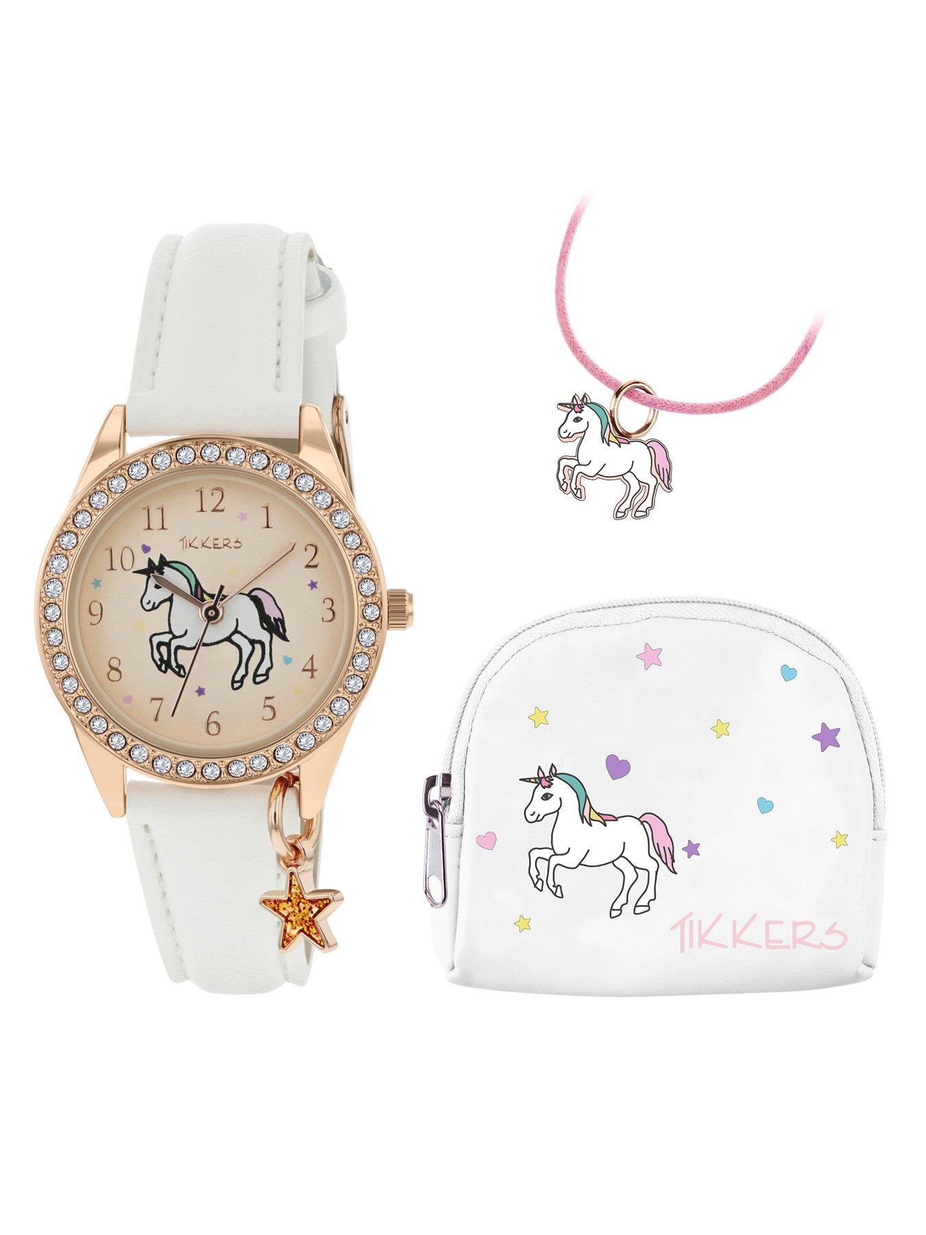 Image 4 of 6 of Tikkers Gold Unicorn Dial White Leather Strap Watch with Purse and Necklace Kids Gift Set
