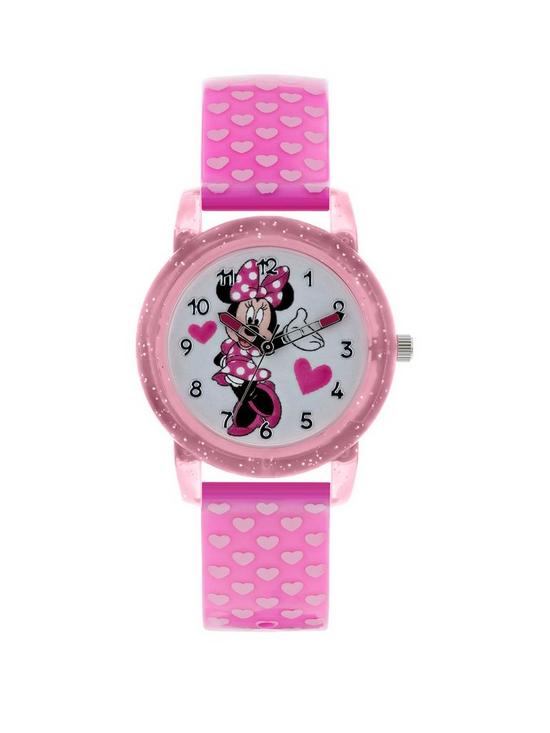 front image of disney-minnie-mouse-glitter-dial-pink-heart-print-strap-kids-watch
