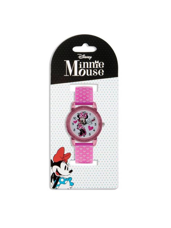 outfit image of disney-minnie-mouse-glitter-dial-pink-heart-print-strap-kids-watch