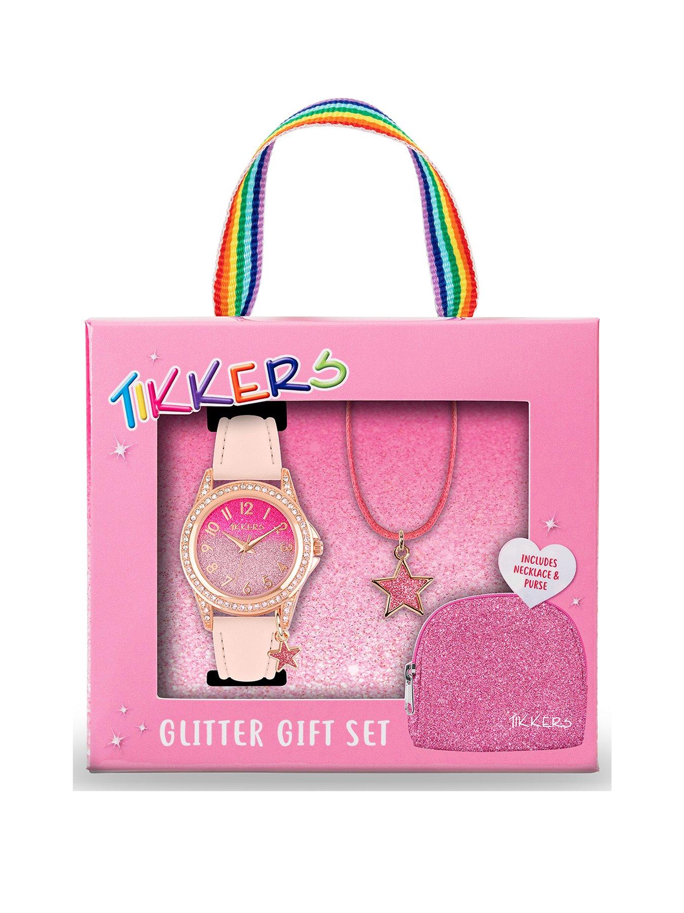 Jewellery & watches Pink Glitter Dial Pink Leather Strap Watch with Purse and Necklace Kids Gift Set
