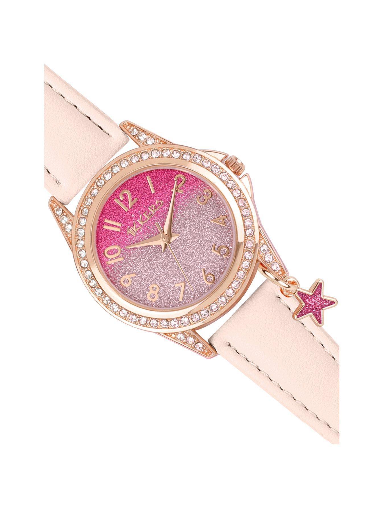 Pink Glitter Dial Pink Leather Strap Watch with Purse and Necklace Kids Gift Set