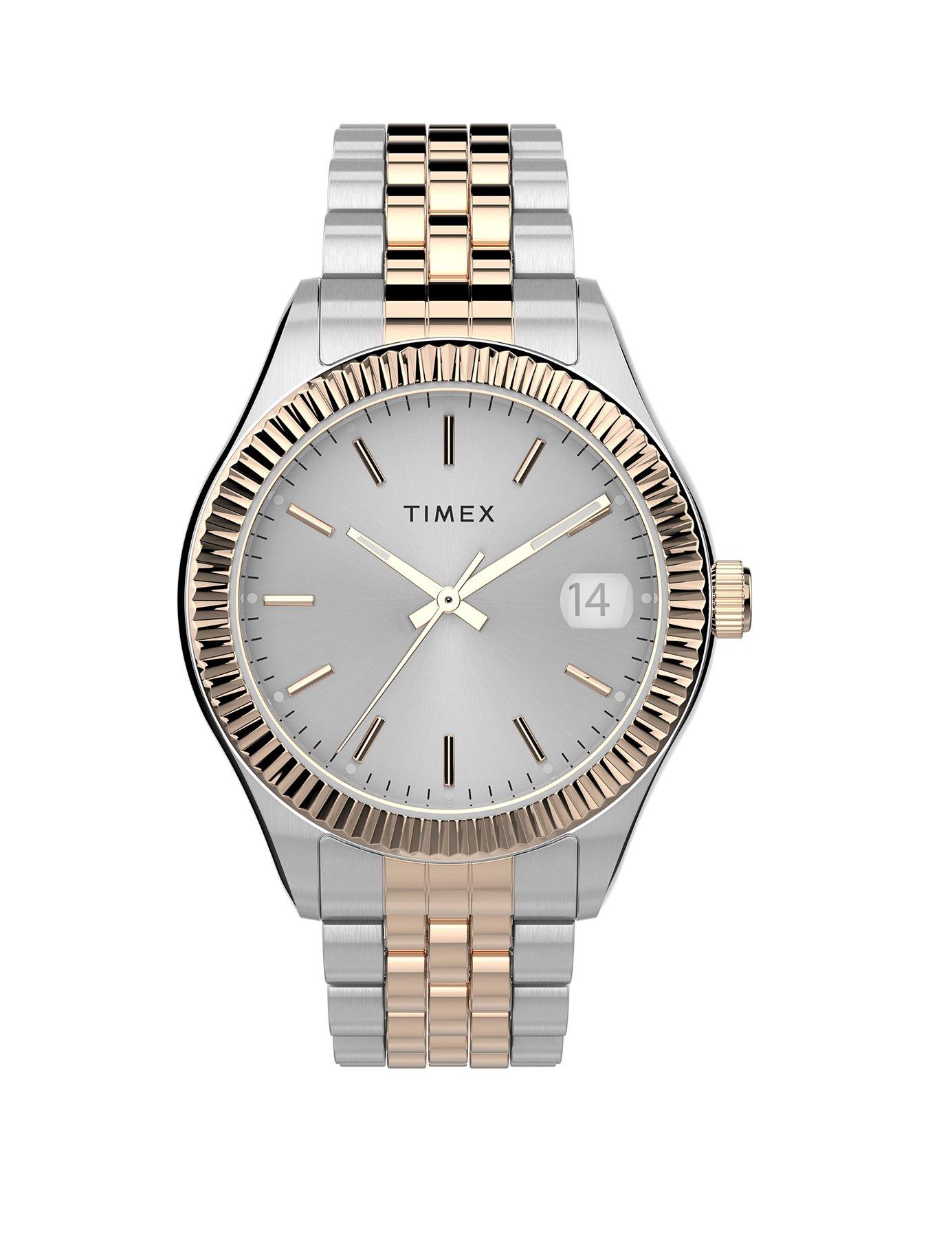 Women Timex Waterbury Silver and Gold Detail Date Dial Two Tone Stainless Steel Bracelet Ladies Watch