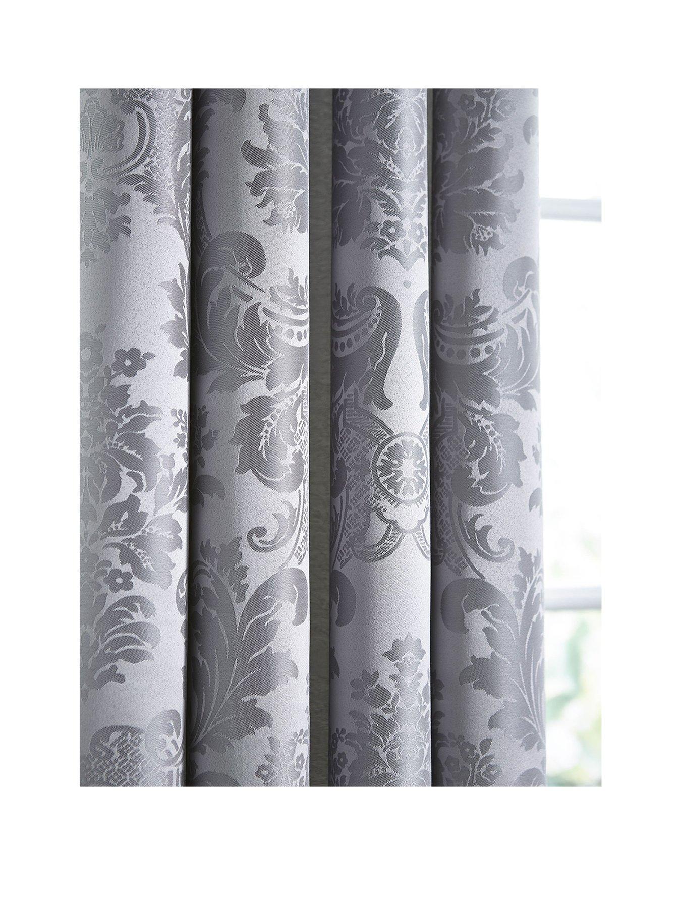 Catherine Lansfield Damask Jacquard Eyelet Lines Curtains 66X72 Inch - Silver