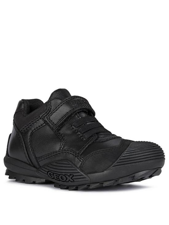 front image of geox-boys-savage-leather-strap-and-lace-school-shoe-black