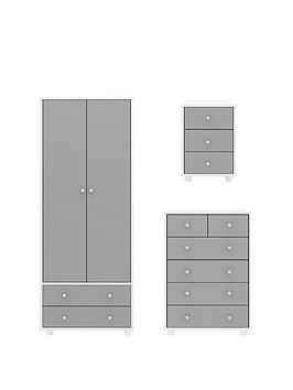 Product photograph of Very Home Miami Fresh Kids 3 Piece Package - 2 Door 2 Drawer Wardrobe 5 Drawer Chest 3 Drawer Bedside Chest - Grey from very.co.uk