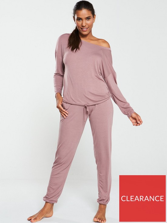 front image of v-by-very-off-the-shoulder-slouchy-pj-set-mauve