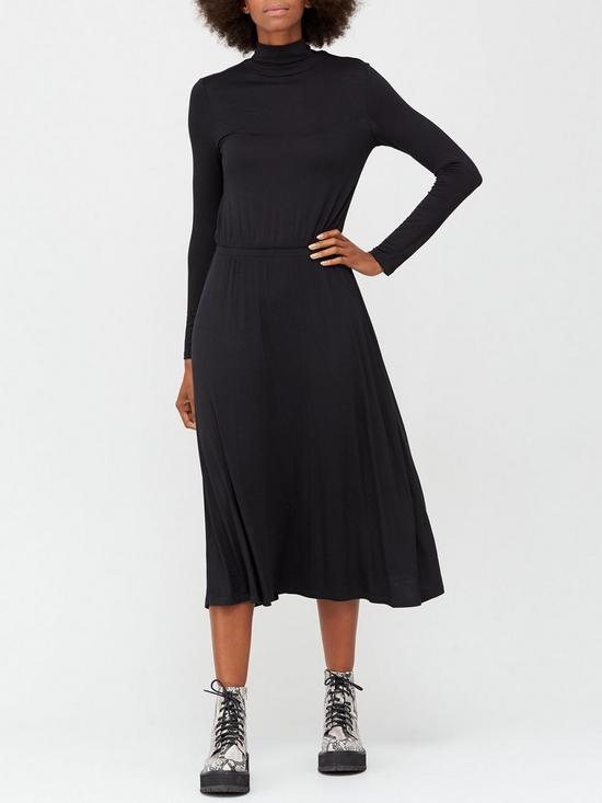 front image of v-by-very-long-sleeve-high-neck-jerseynbspmidi-dress-black