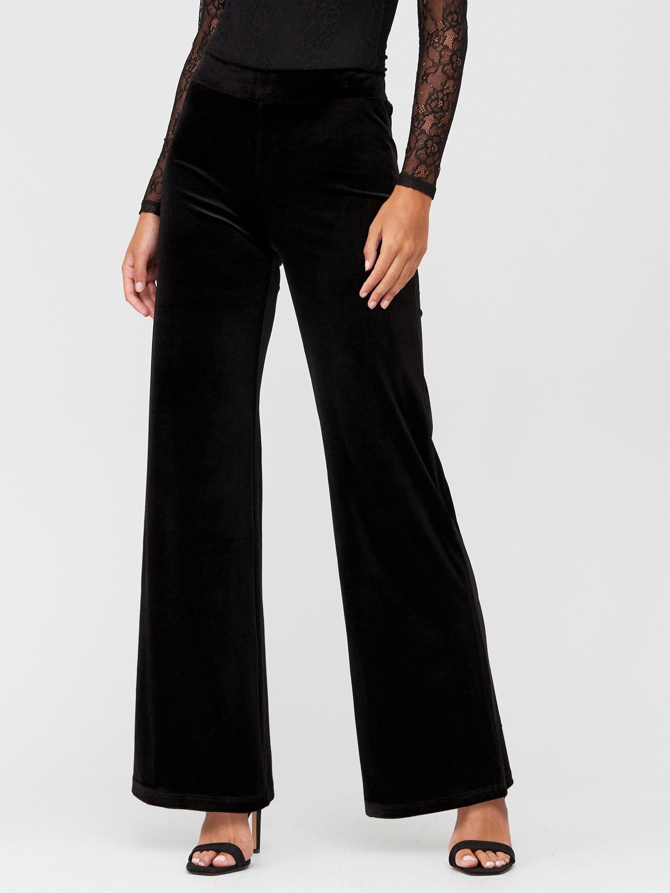 wide leg black velvet trousers