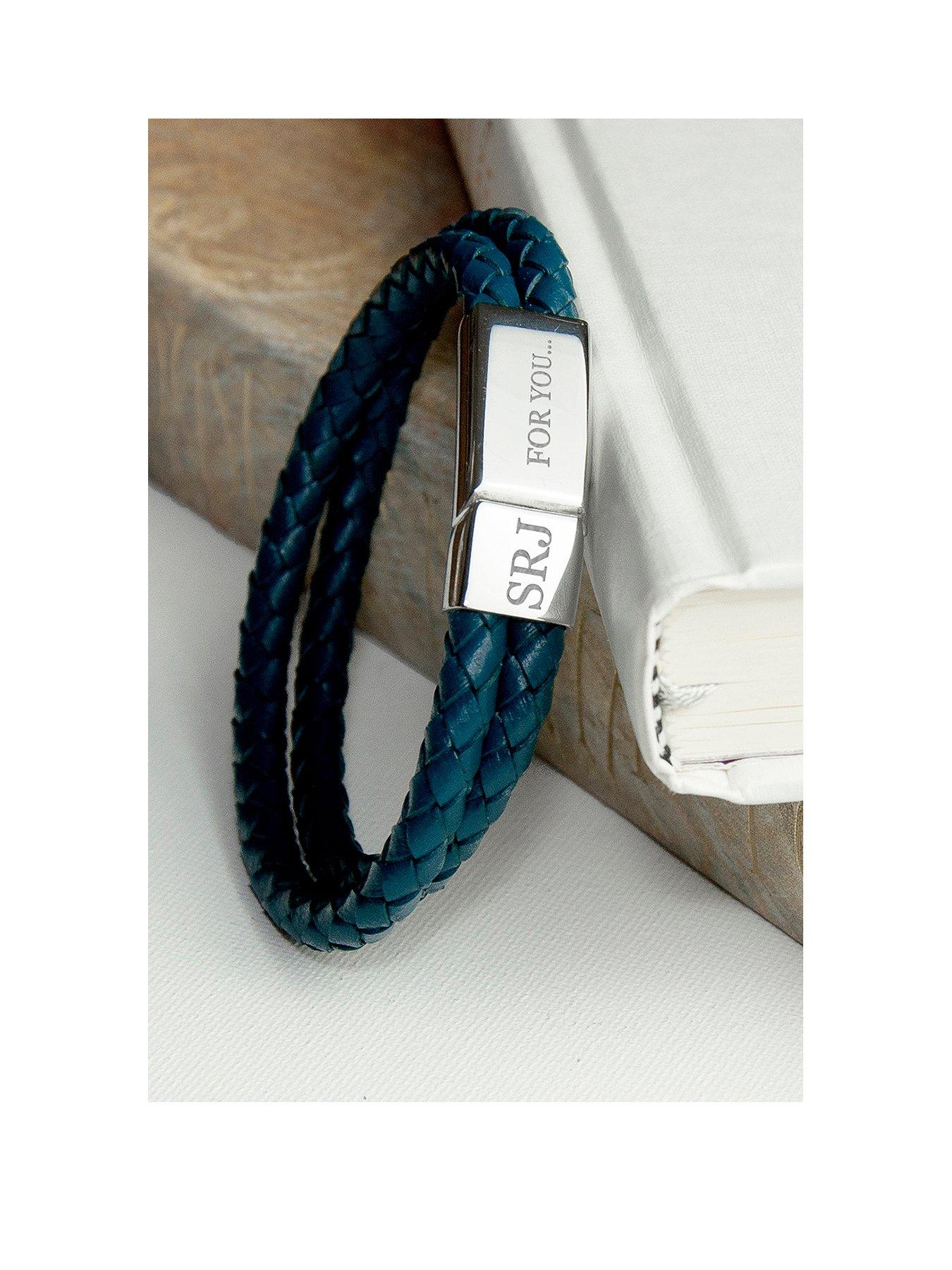 undefined Personalised Men's Dual Leather Woven Bracelet in Teal