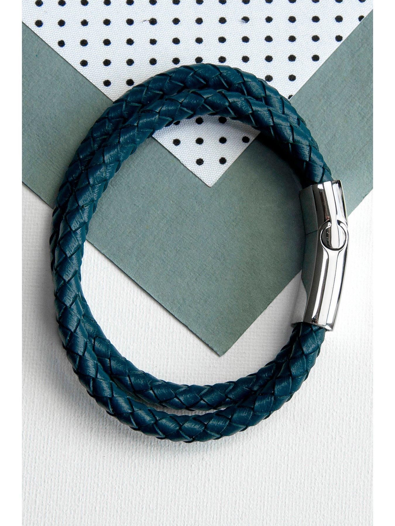 Image 2 of 4 of Treat Republic Personalised Men's Dual Leather Woven Bracelet in Teal