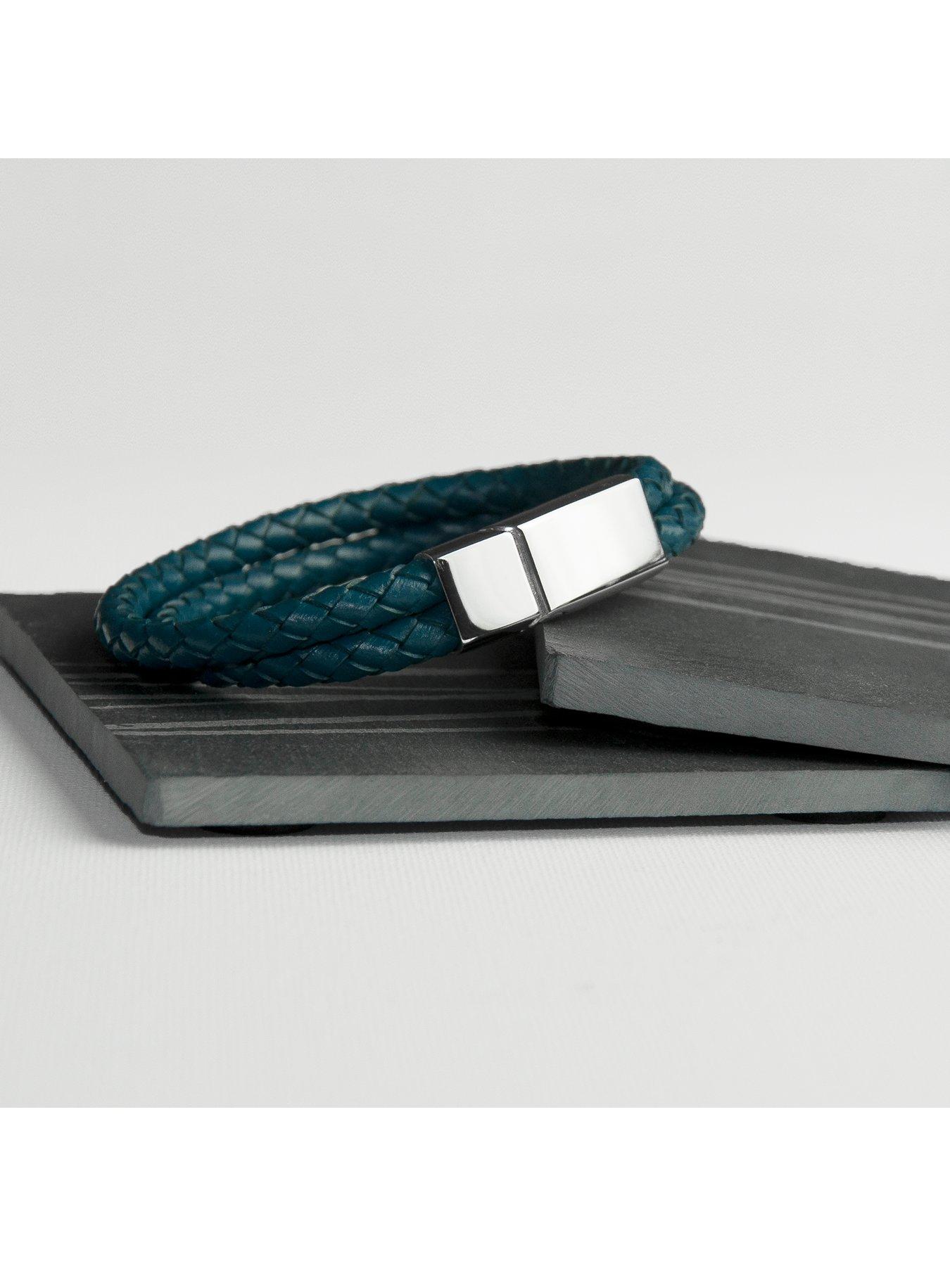 Image 4 of 4 of Treat Republic Personalised Men's Dual Leather Woven Bracelet in Teal
