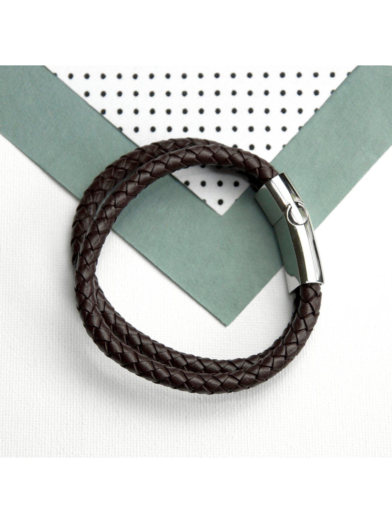Image 3 of 5 of Treat Republic Personalised Men's Dual Leather Woven Bracelet In Umber