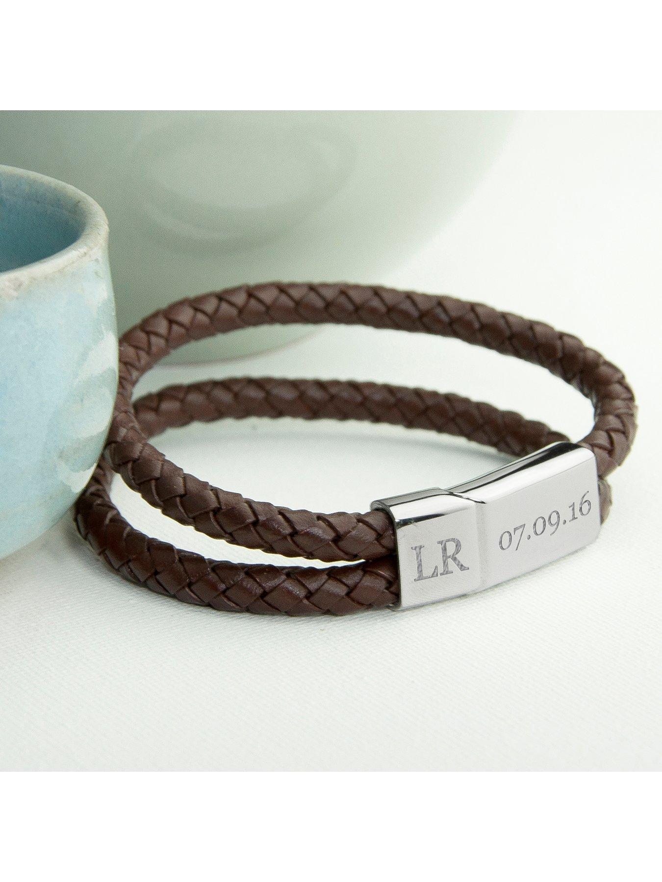Image 4 of 5 of Treat Republic Personalised Men's Dual Leather Woven Bracelet In Umber