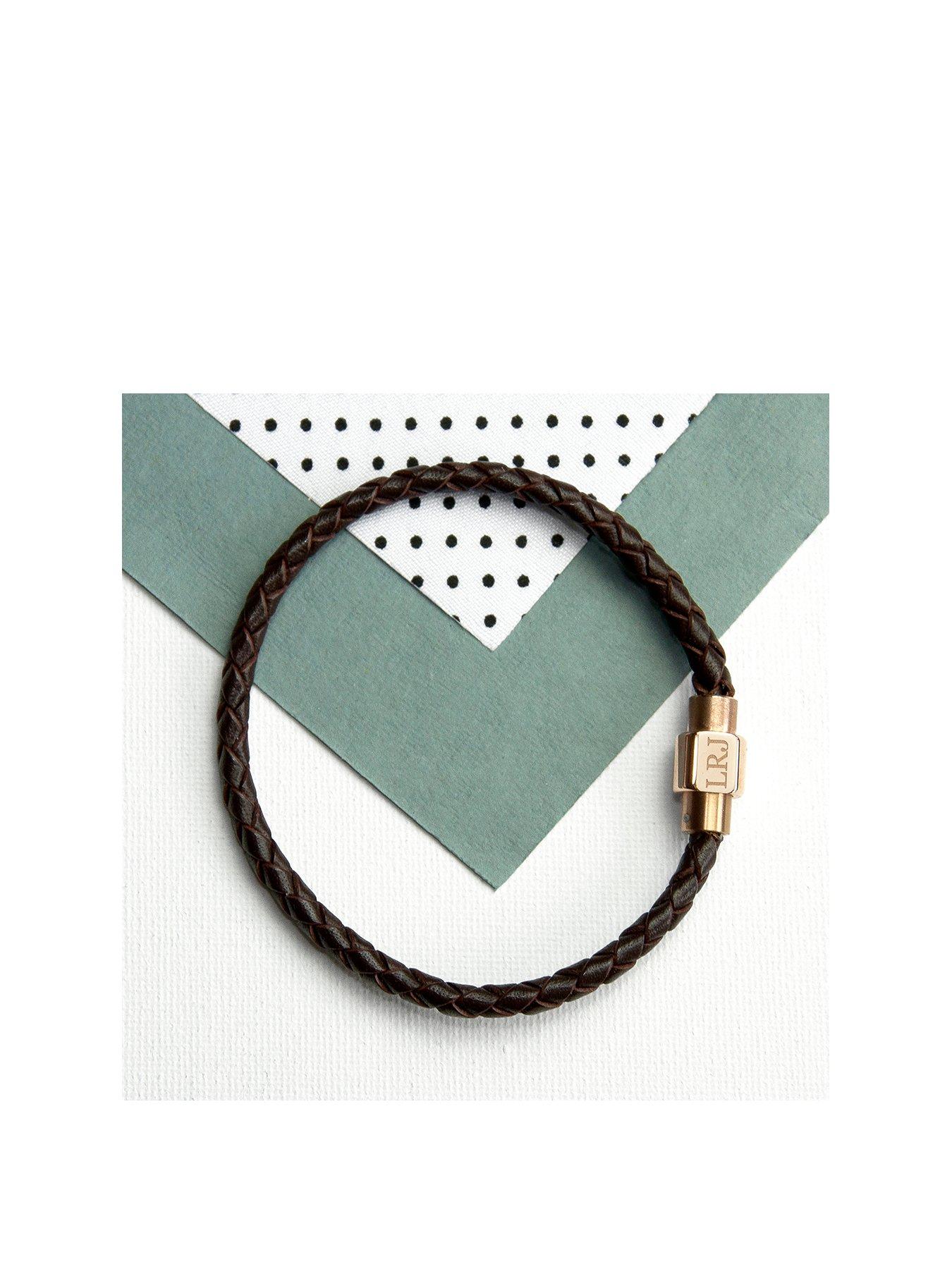 undefined Personalised Men's Woven Leather Bracelet With Gold Clasp