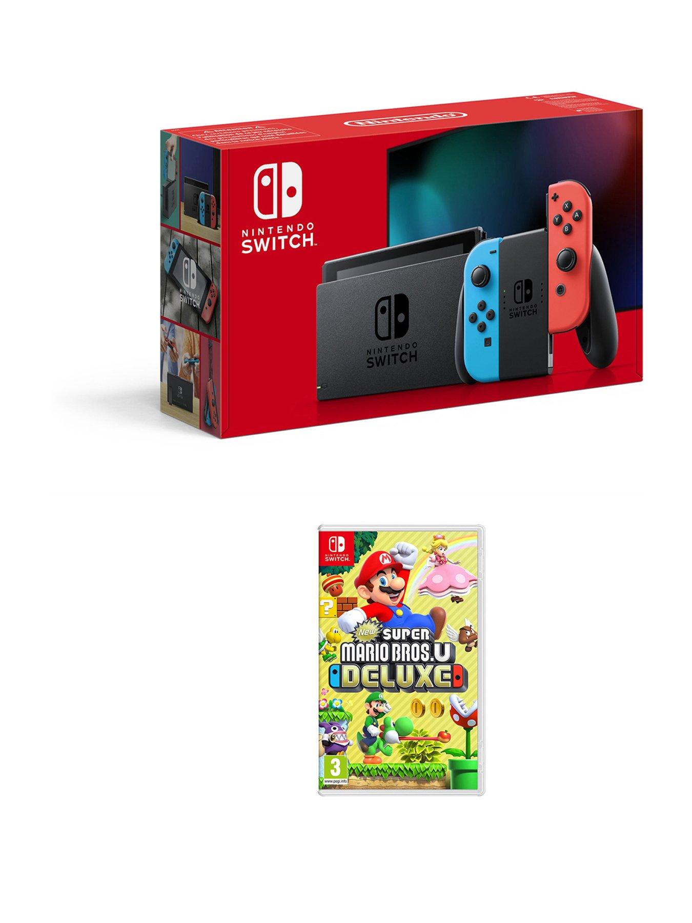 Nintendo Switch with Neon Blue and Neon Red Joy-Con + New Super Mario Bros.  U Deluxe (Full Game Download) - Switch Console