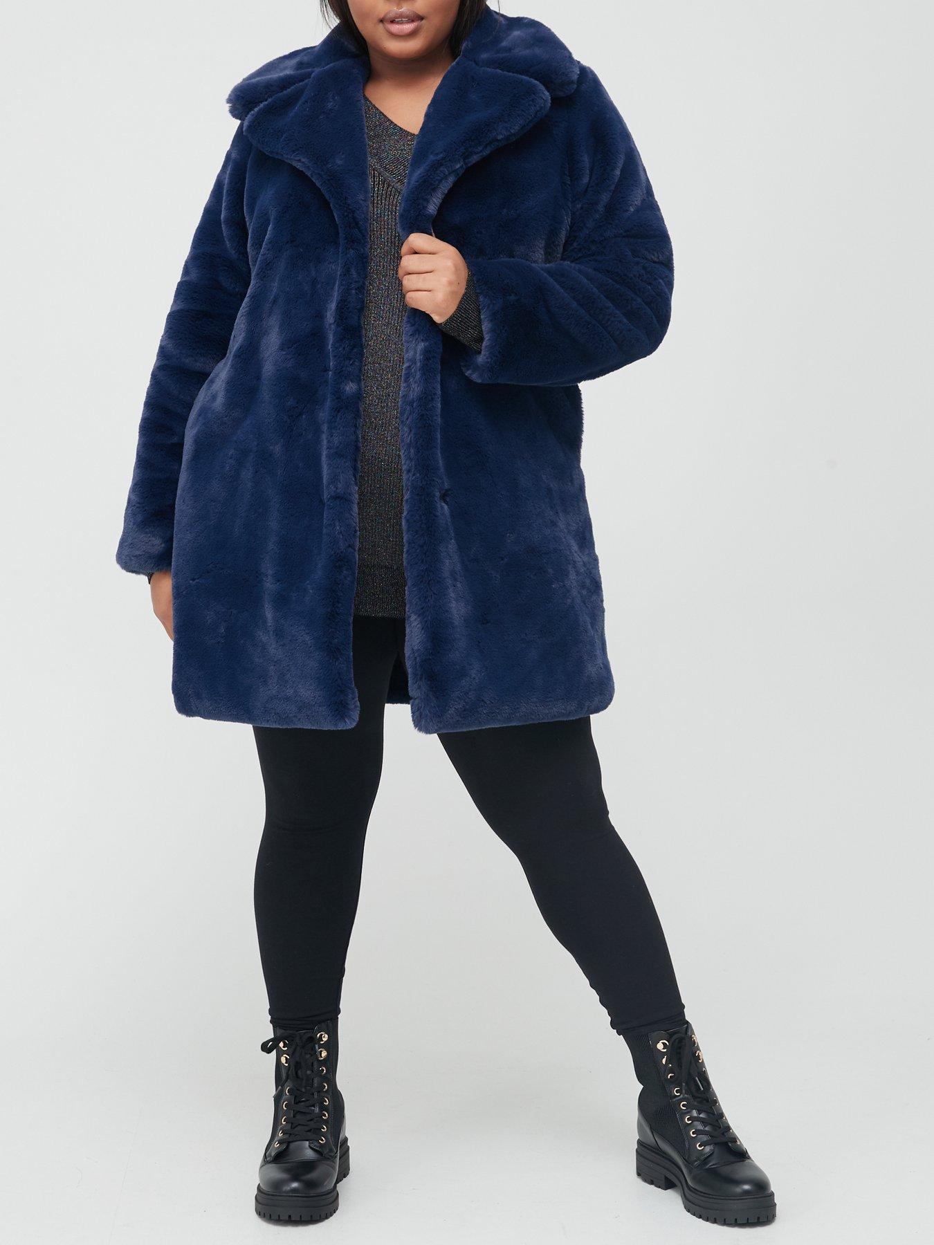 blue shearling faux fur longline coat