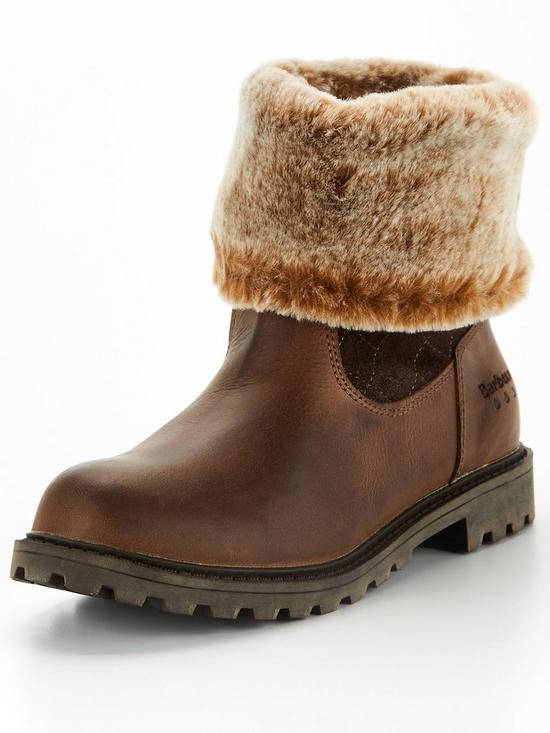 front image of barbour-hareshaw-leather-faux-fur-trim-boot-brown