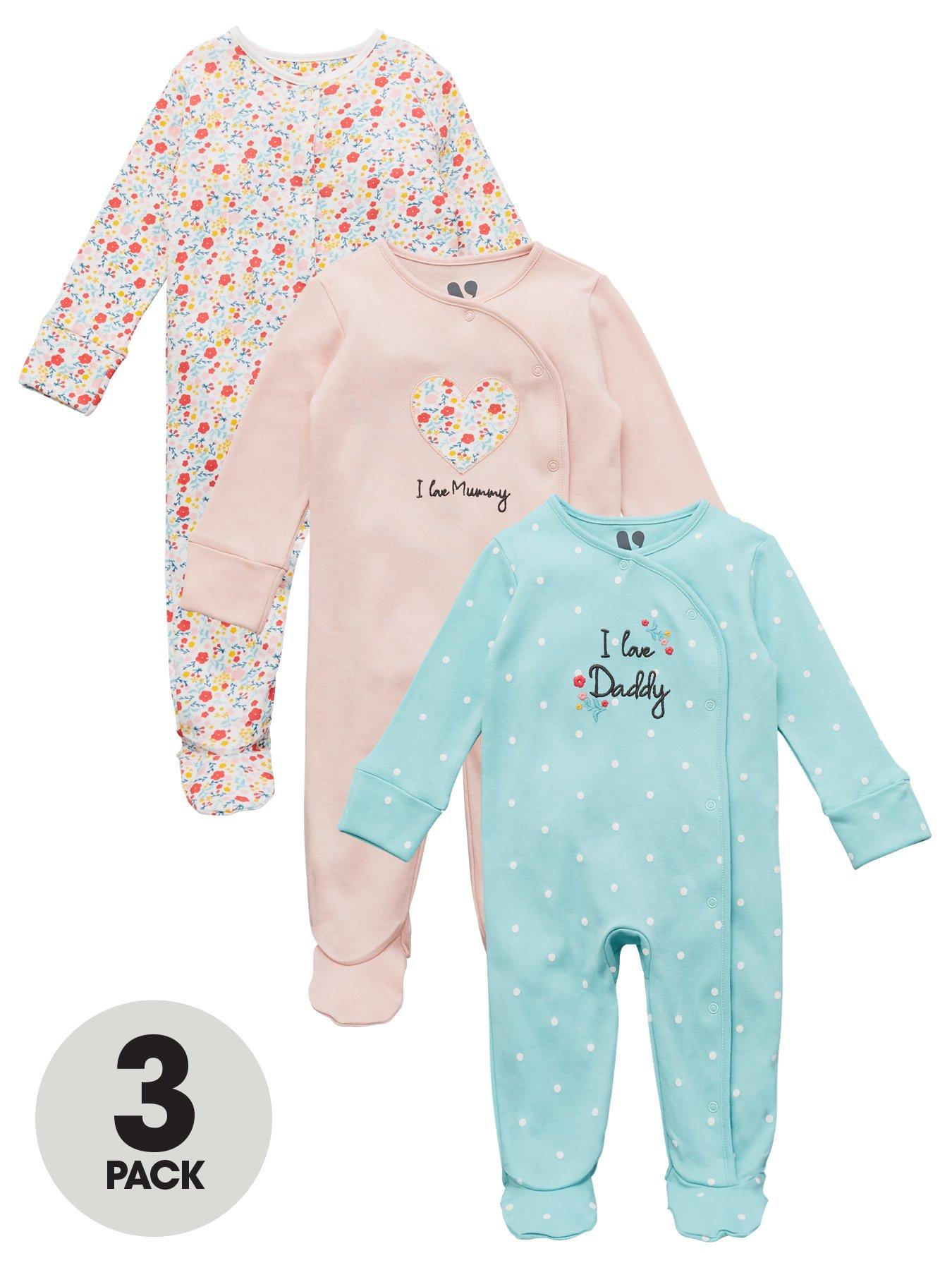 V By Very Baby Girls 3 Pack Mummy Daddy And Floral Sleepsuits Multi Very Co Uk