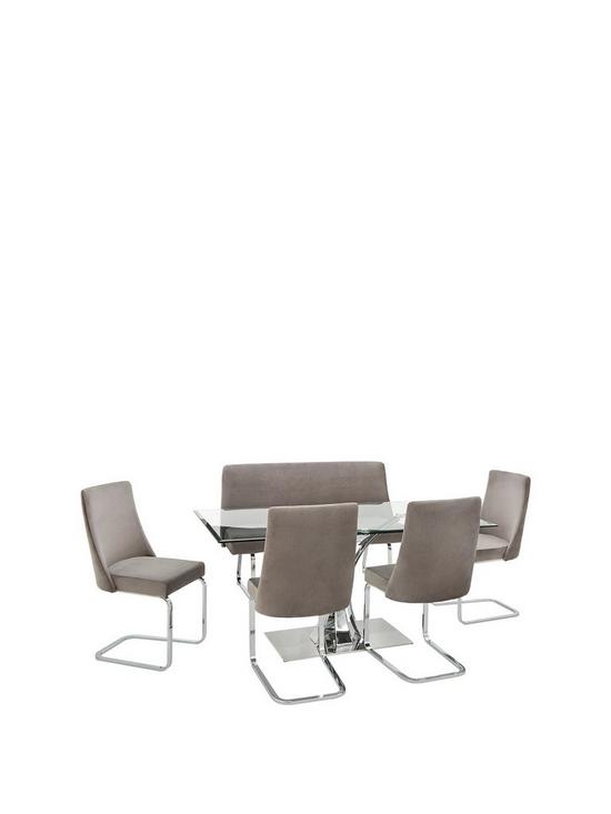 front image of very-home-alice-rectangle-160-cm-glass-topnbspdining-tablenbsp1-bench-andnbsp4-velvet-chairs-dining-set