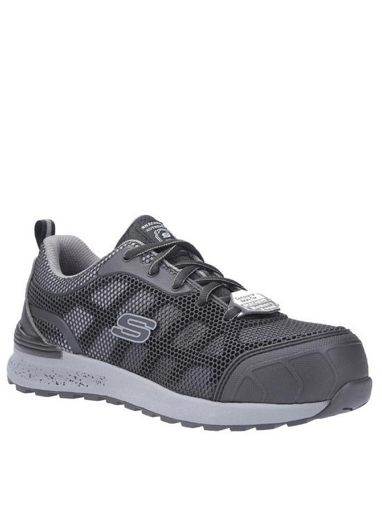 front image of skechers-bulkin-lyndale-workwear-slip-resistant-toe-cap-trainer-black