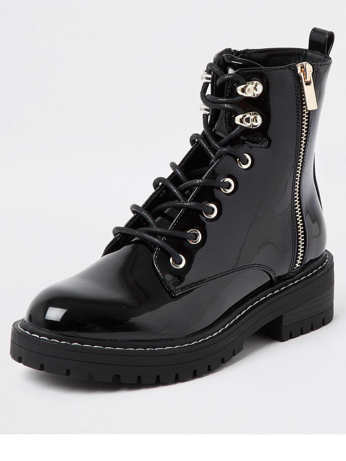 black patent chunky lace up biker boots