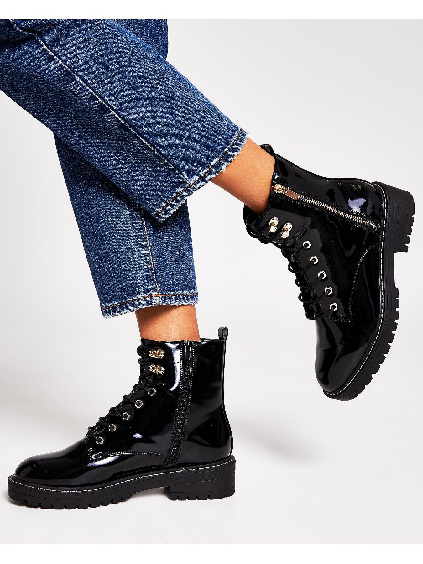 black patent chunky lace up biker boots
