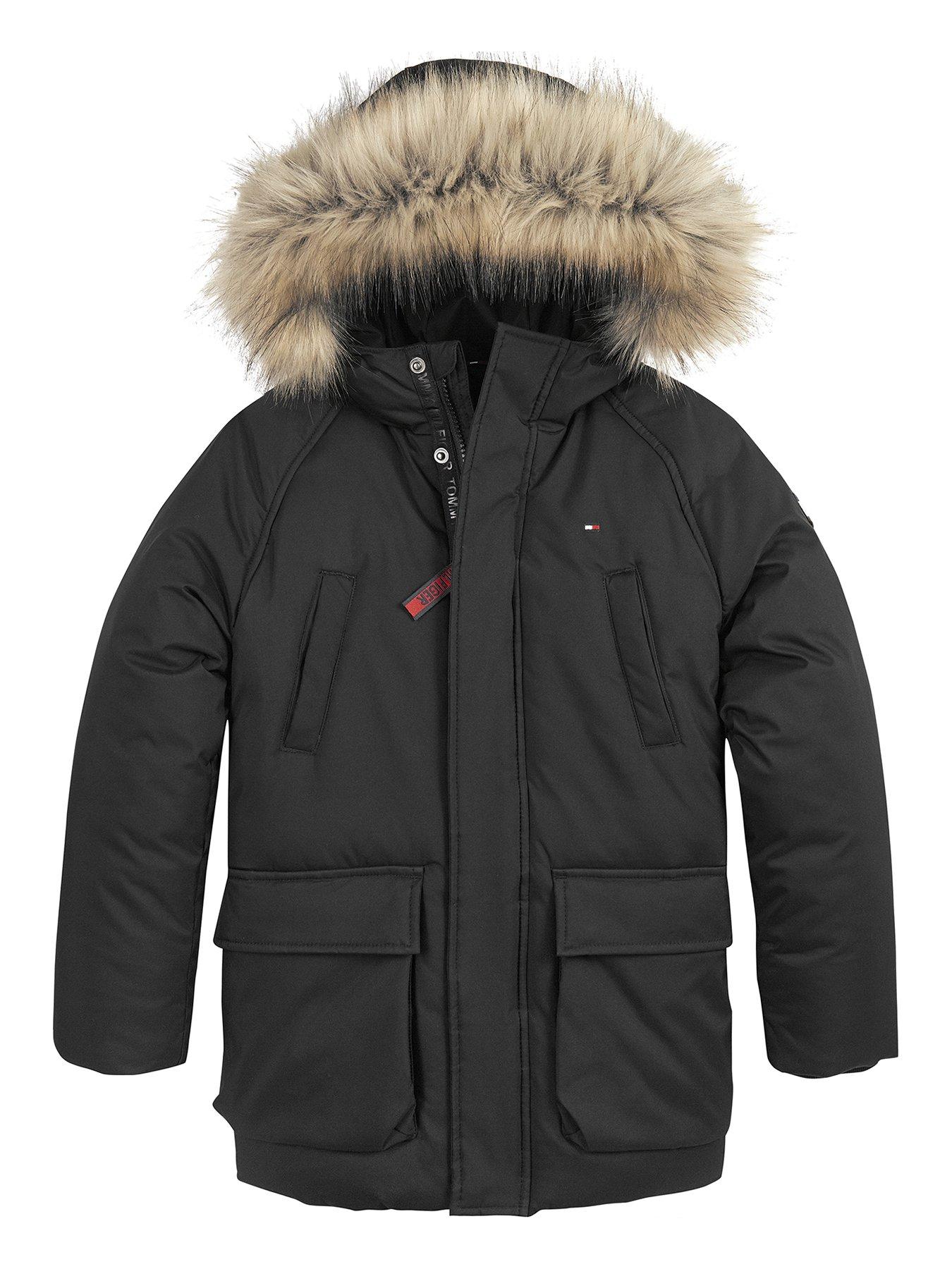 Tommy Hilfiger Boys Faux Fur Hooded Parka - Black | very.co.uk