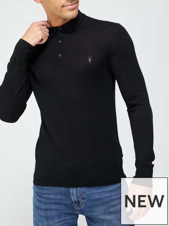 front image of allsaints-mode-merino-long-sleeve-knitted-polo-shirt-black