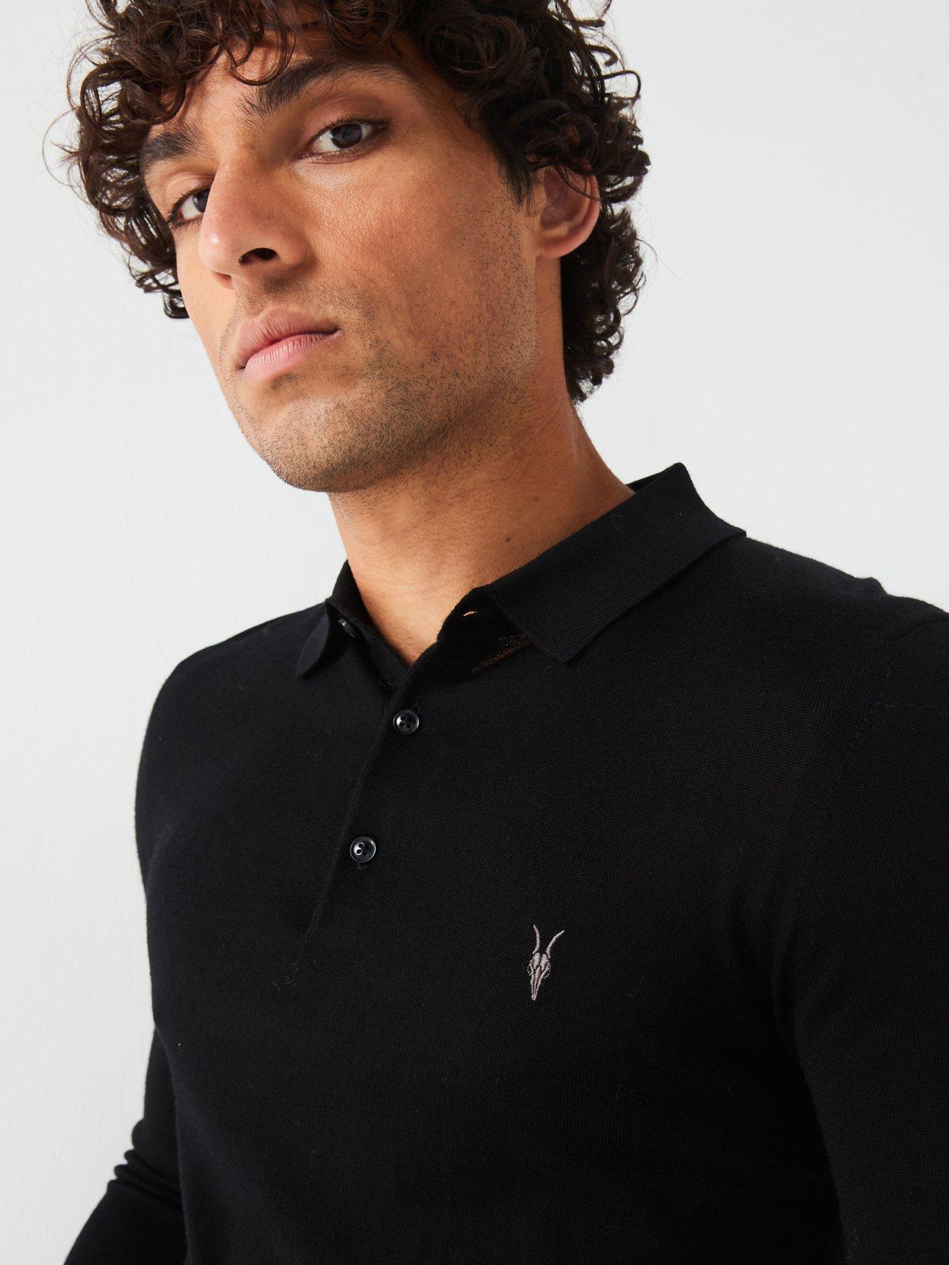Image 4 of 6 of AllSaints Mode Merino Long Sleeve Knitted Polo Shirt - Black
