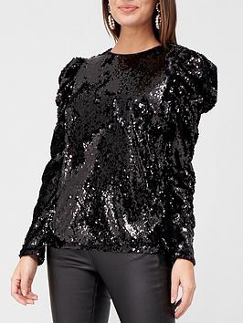 V by Very Sequin Puff Sleeve Top - Black | very.co.uk