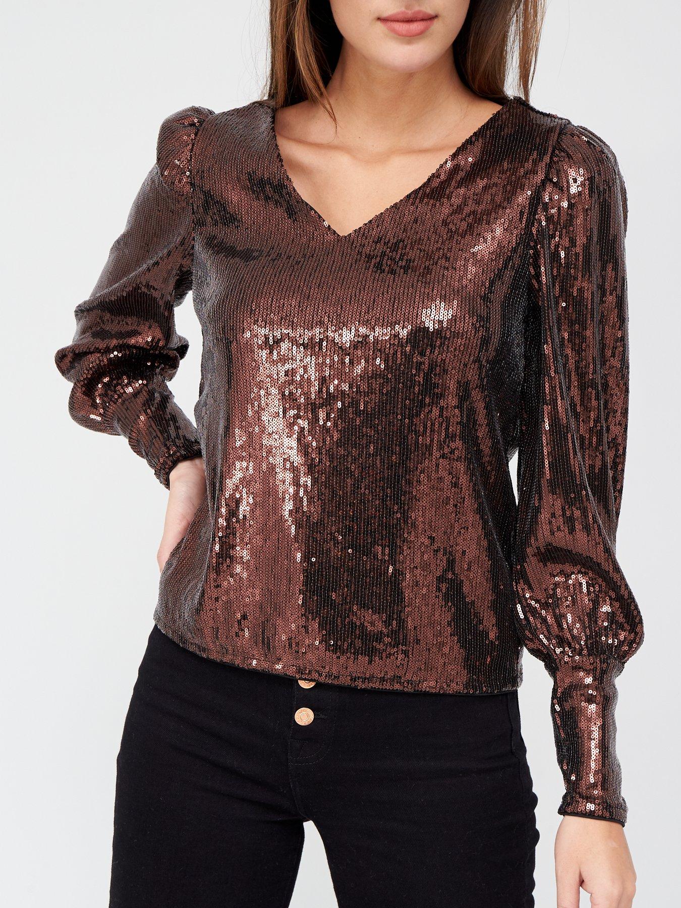 Very Sequin V Neck Blouson Top - Bronze 