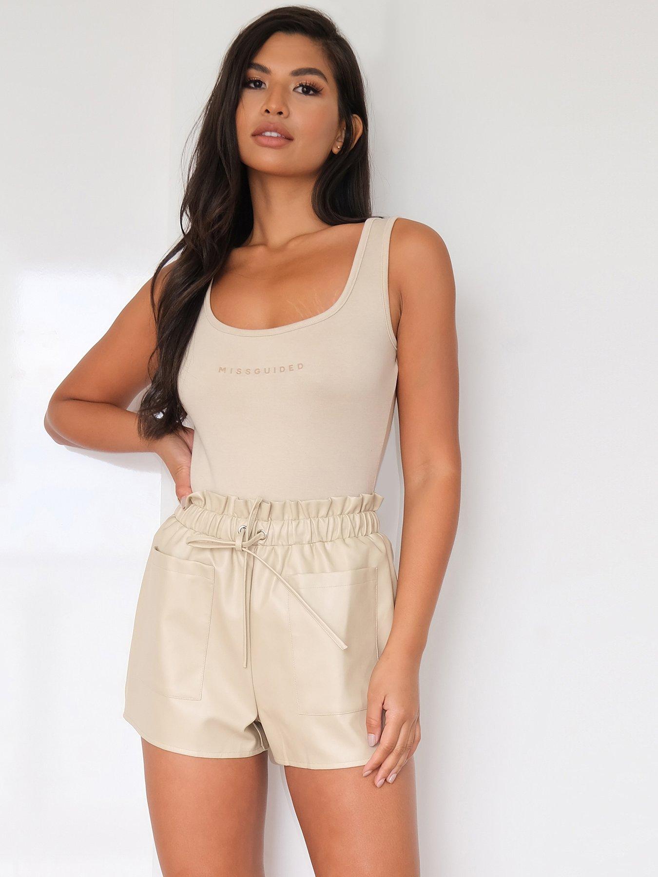 elastic waist leather shorts