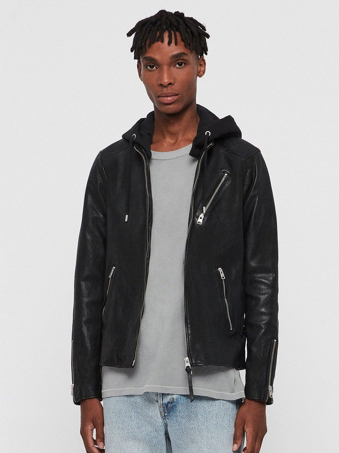 AllSaints Harwood Detachable Hood Leather Jacket - Black | very.co.uk