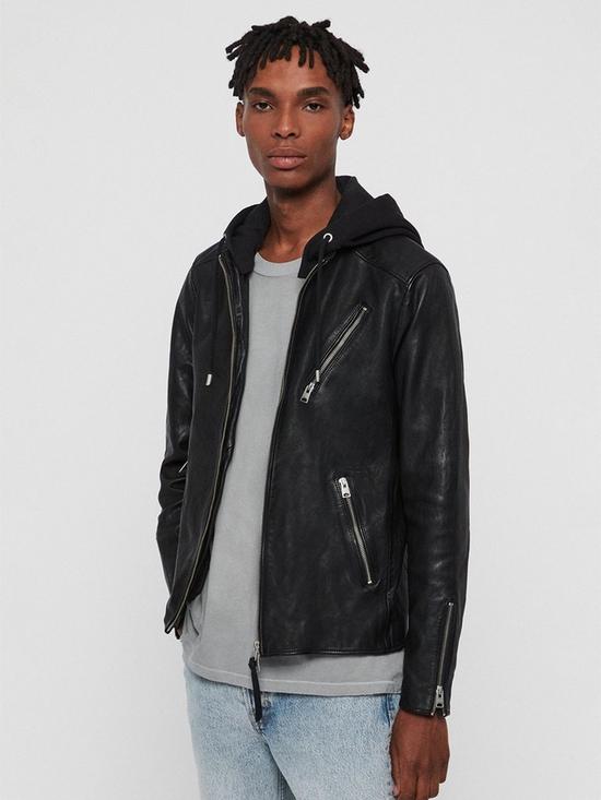 AllSaints Harwood Detachable Hood Leather Jacket - Black | very.co.uk