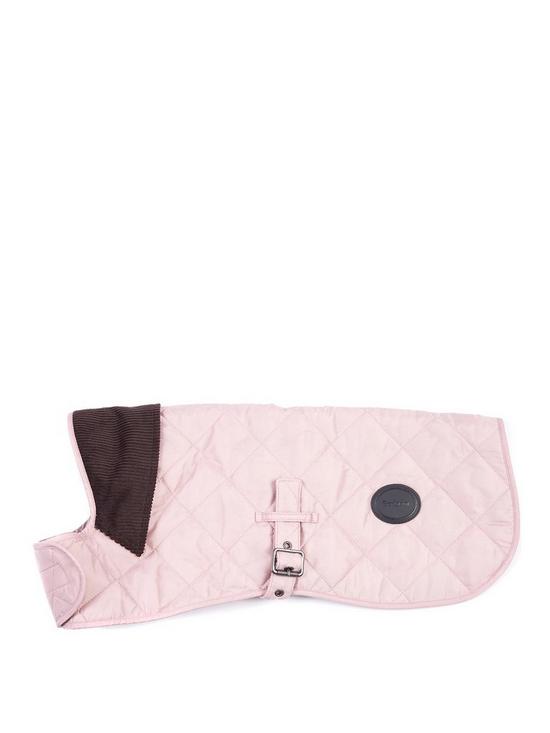 front image of barbour-pink-quilted-dog-coat