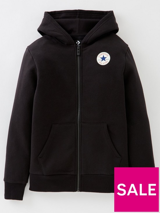 front image of converse-younger-fleece-printed-chuck-patch-full-zip-hoodie-black
