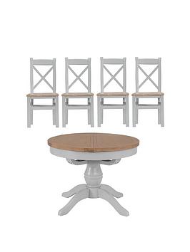 K-Interiors Harrow Part Assembled Solid Wood Round 110-145 Cm Extending Dining Table + 4 Chairs - Grey/Oak