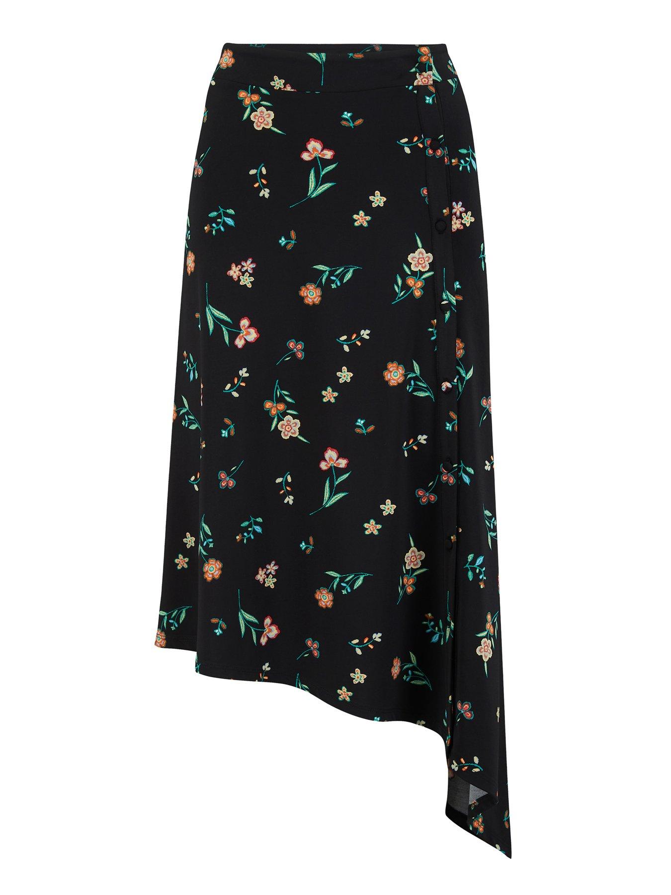  Slinky Jersey Asymmetric Midi Skirt - Black Floral