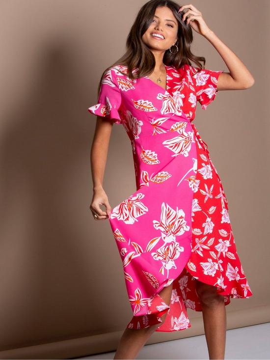 front image of pour-moi-frill-detail-woven-midi-wrap-dress-pink-floral