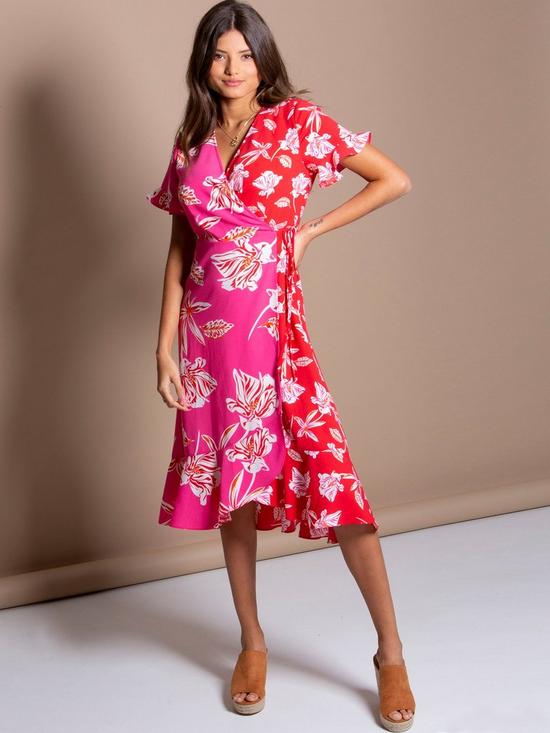 back image of pour-moi-frill-detail-woven-midi-wrap-dress-pink-floral
