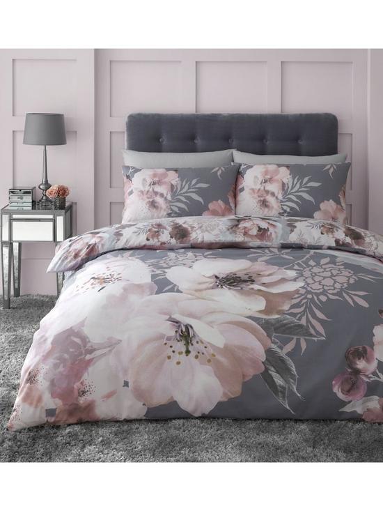 front image of catherine-lansfield-dramatic-floral-duvet-cover-set-grey-pink