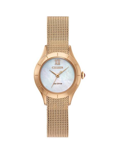 citizen-eco-drive-mother-of-pearl-dial-rose-gold-stainless-steel-mesh-strap-ladies-watch