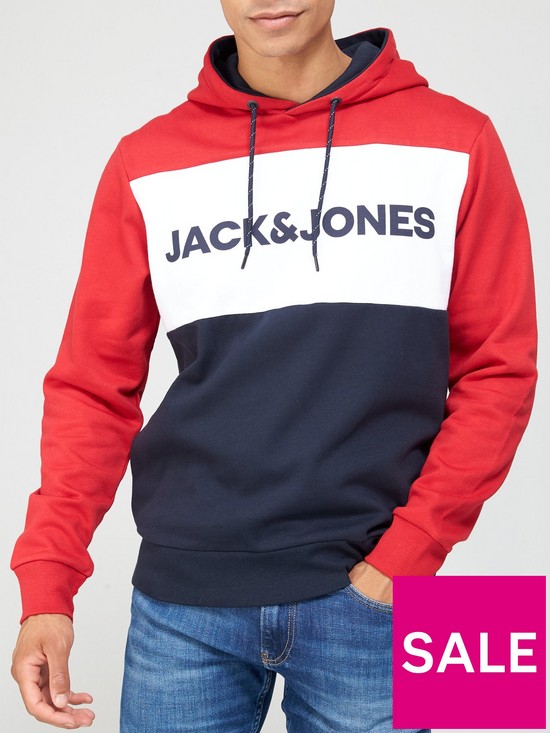 front image of jack-jones-colour-block-logo-hoodie-red