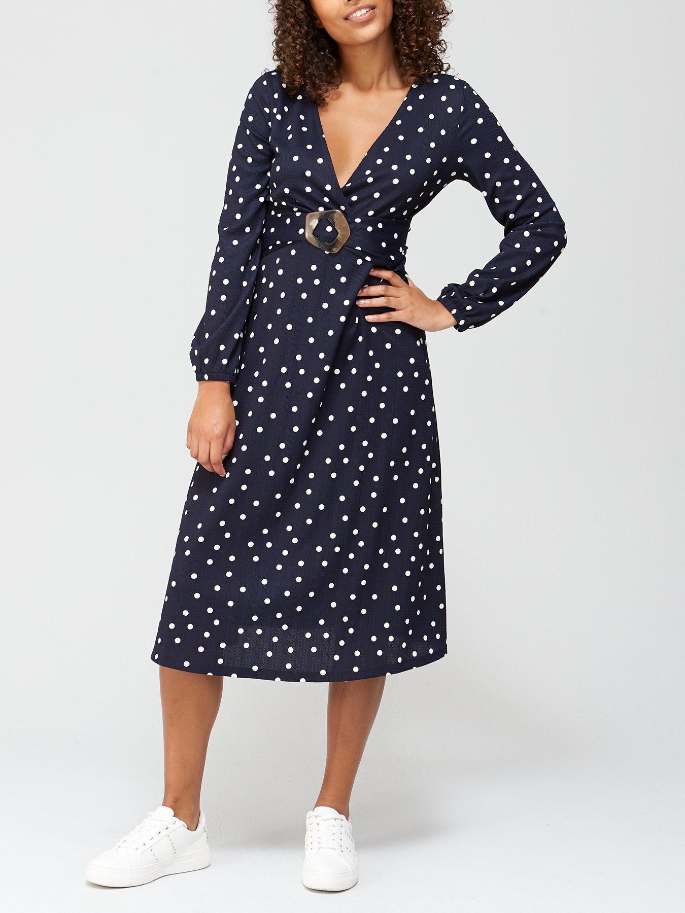 navy spotted midi dress